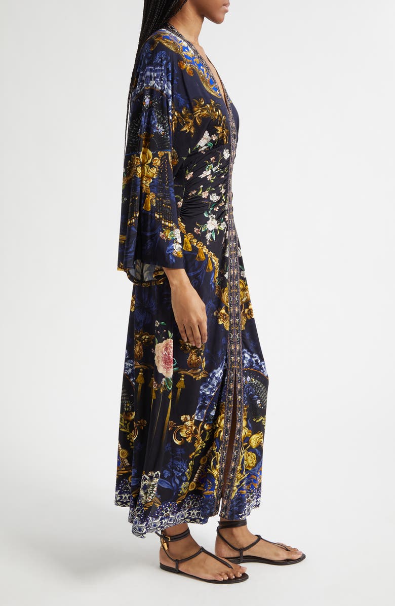 Camilla Beaded Print Long Sleeve Ruched Silk Midi Dress, Alternate, color, Notes From The Blue Room