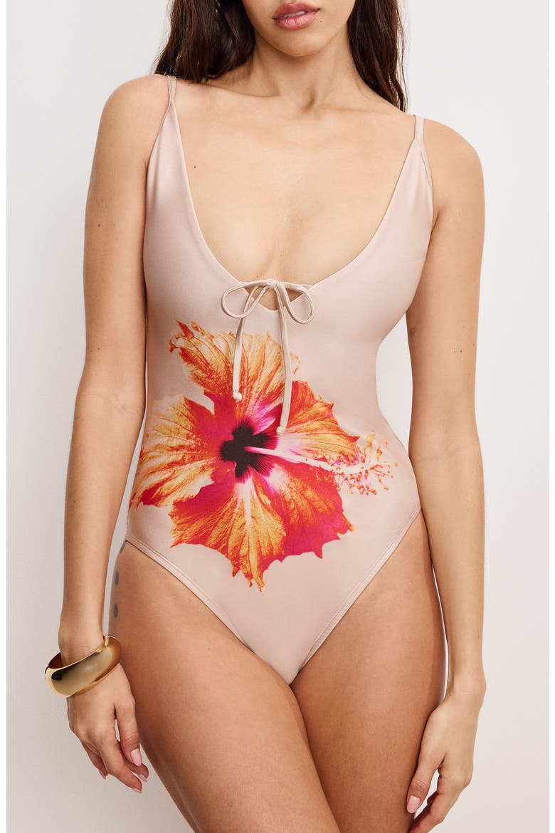 Satin Tiny Ties One-Piece Swimsuit, Main, color, CHAMPAGNE TROPICAL HIBISCUS001