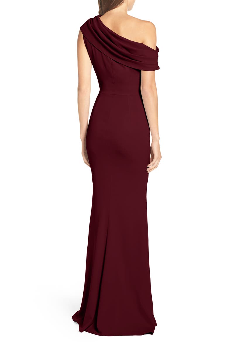 Layla Pleat One-Shoulder Crepe Gown, Alternate, color, BORDEAUX