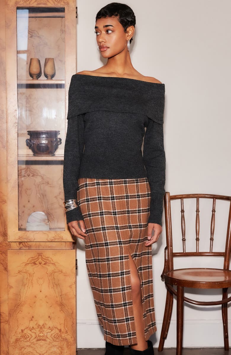 FIFTEEN TWENTY Monique Off the Shoulder Foldover Rib Sweater, Alternate, color, Charcoal