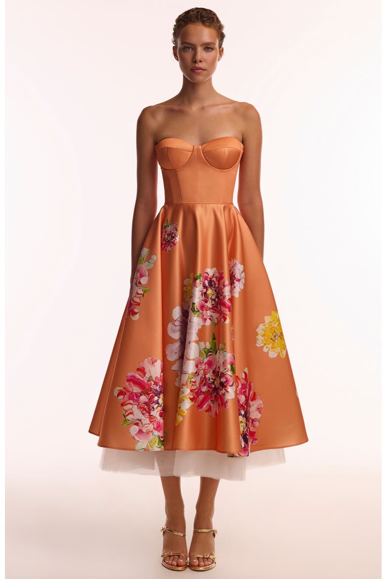 A-Line Satin Floral Print Midi Dress for Cocktail Events, Alternate, color, Orange Floral