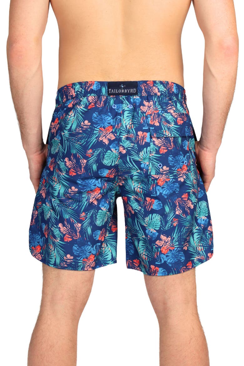 Tropical Print Swim Trunks, Alternate, color, NAVY