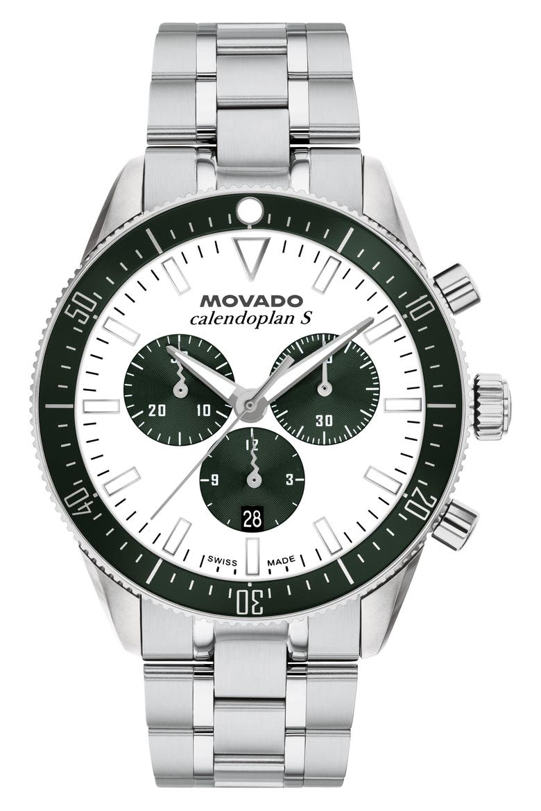 Calendoplan Chronograph Bracelet Watch, 42mm, Main, color, WHITE