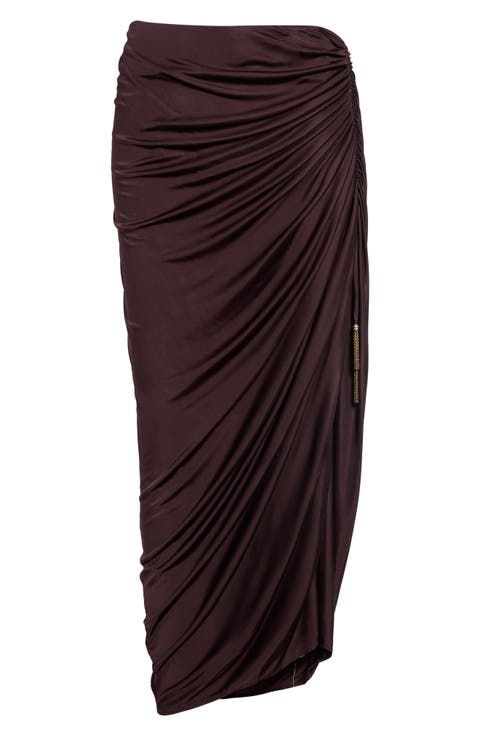 Draped Viscose Jersey Slit Midi Skirt