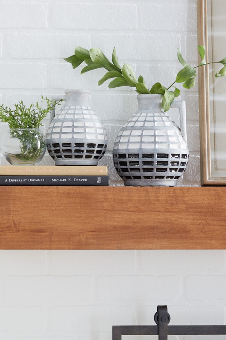 Gray Ceramic Handmade Vase with Grid Patterns - Set of 1, Alternate, color, GREY