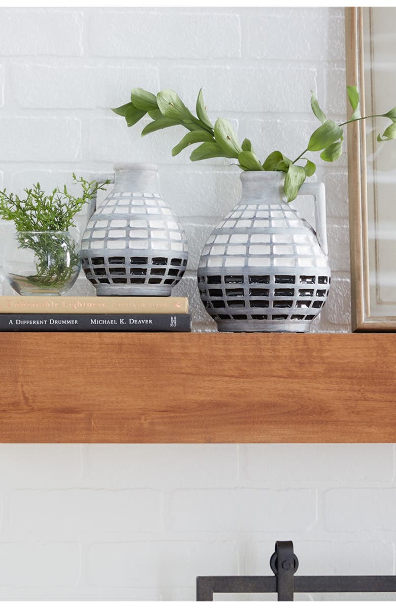 GINGER BIRCH STUDIO Gray Ceramic Handmade Vase with Grid Patterns - Set of 1, Alternate, color, Grey