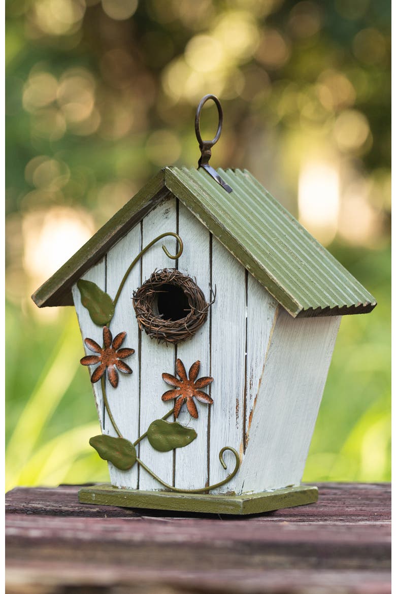 Distressed Solid Wood Decorative Outdoor Garden Birdhouse with 3D Flower or Maple, Alternate, color, Green