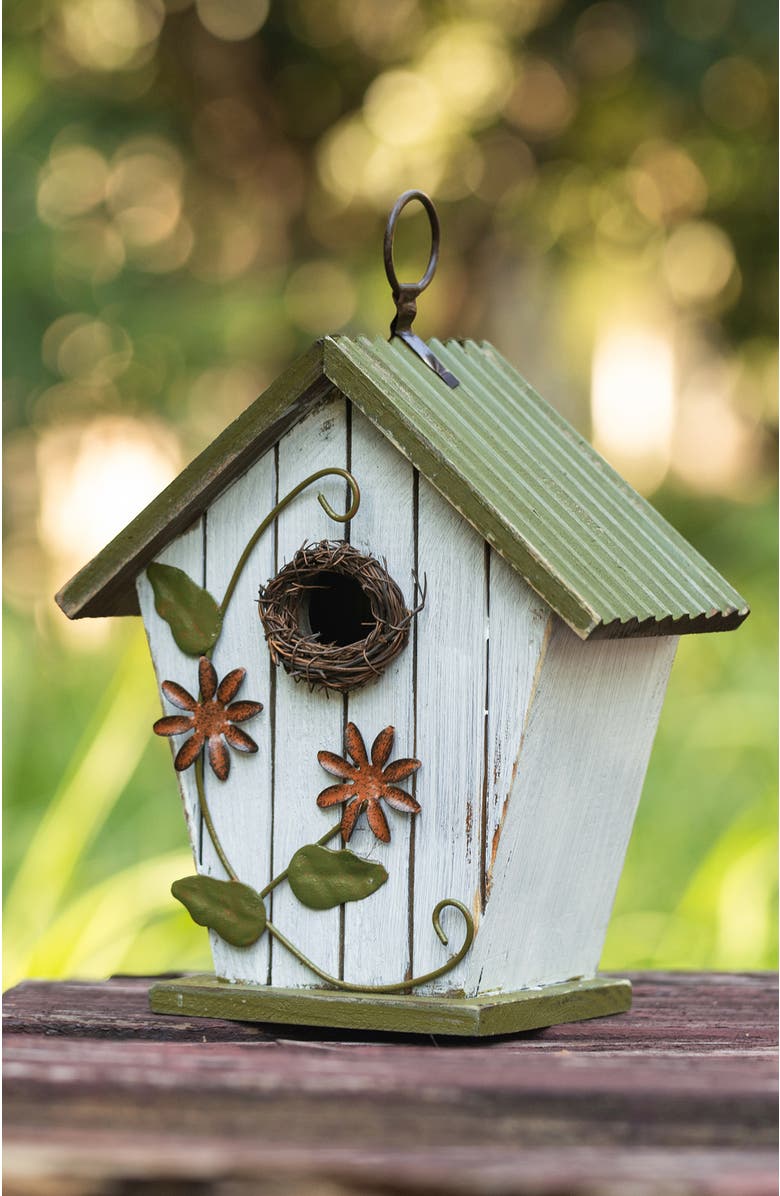 Glitzhome Distressed Solid Wood Decorative Outdoor Garden Birdhouse with 3D Flower or Maple, Alternate, color, Green