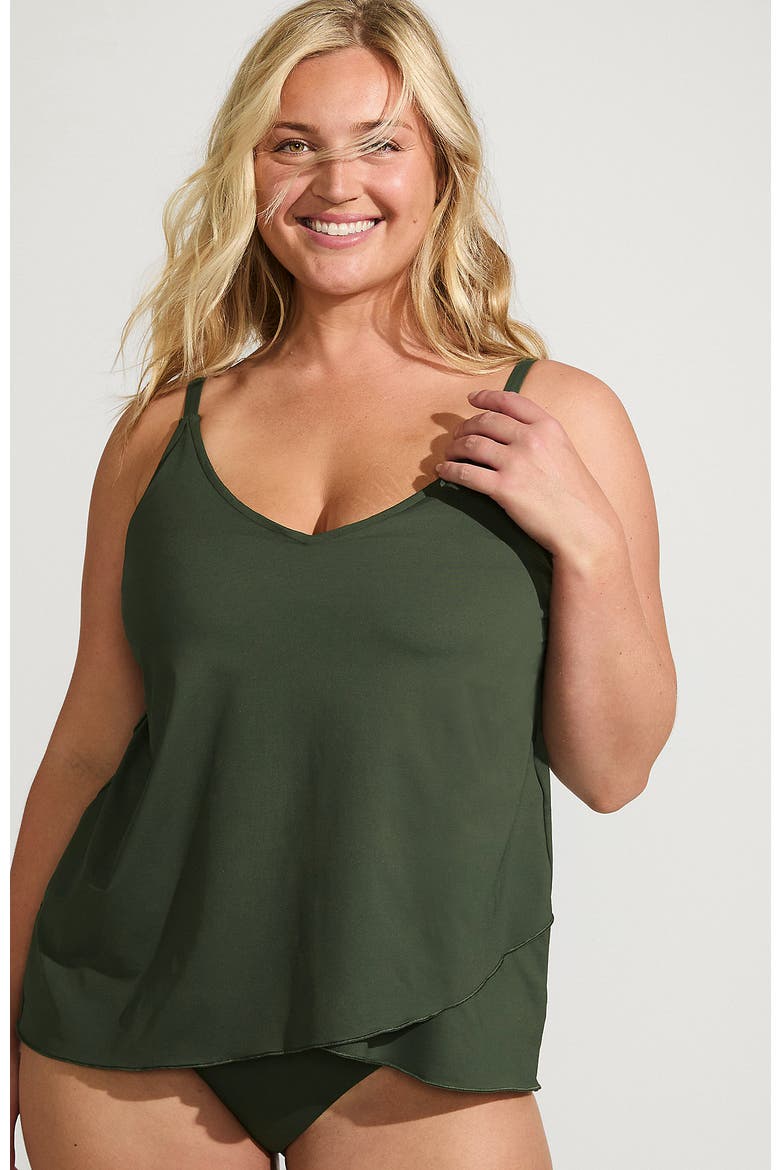D-Cup Chlorine Resistant V-Neck Tulip Hem Tankini Swimsuit Top with Adjustable Straps, Main, color, Rich Olive Green