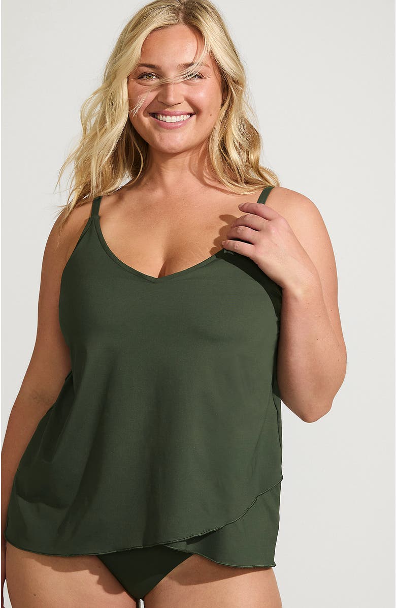 Lands' End Plus Size DD-Cup Chlorine Resistant V-Neck Tulip Hem Tankini Swimsuit Top, Main, color, Rich Olive Green