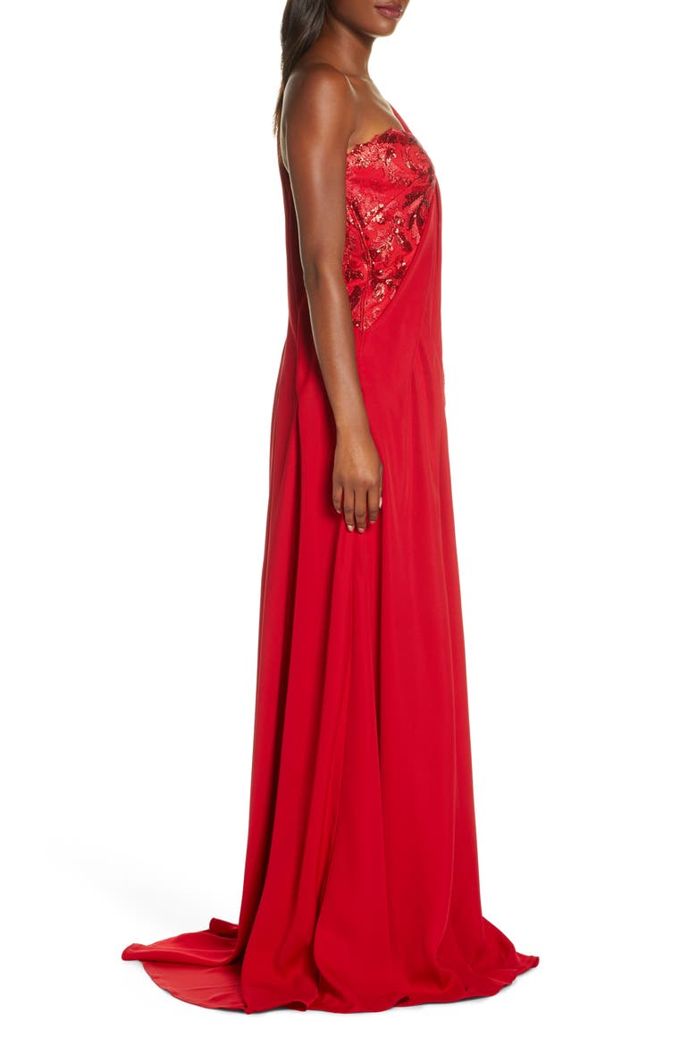 One-Shoulder Sequin Lace & Crepe Gown, Alternate, color, FLAME