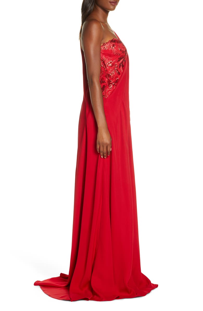 Tadashi Shoji One-Shoulder Sequin Lace & Crepe Gown, Alternate, color,
