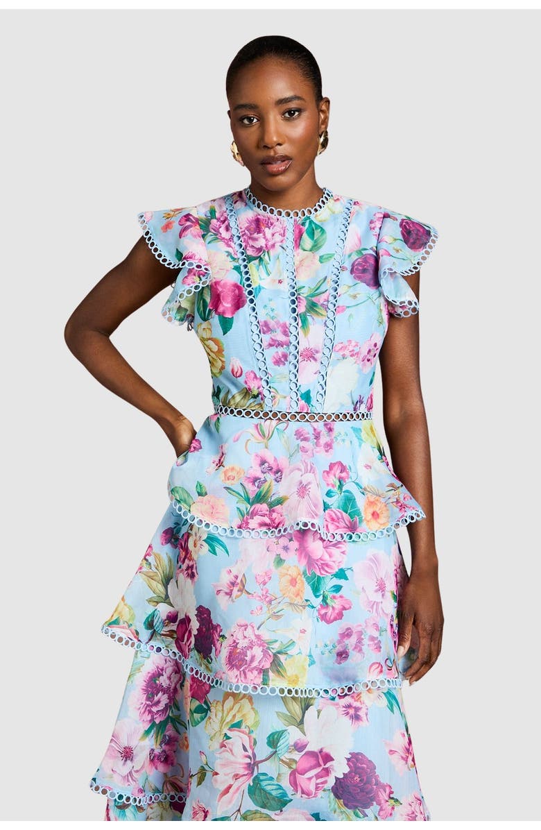 Coast Lace Trim Tiered Organza Midi Dress, Alternate, color, Pale Blue