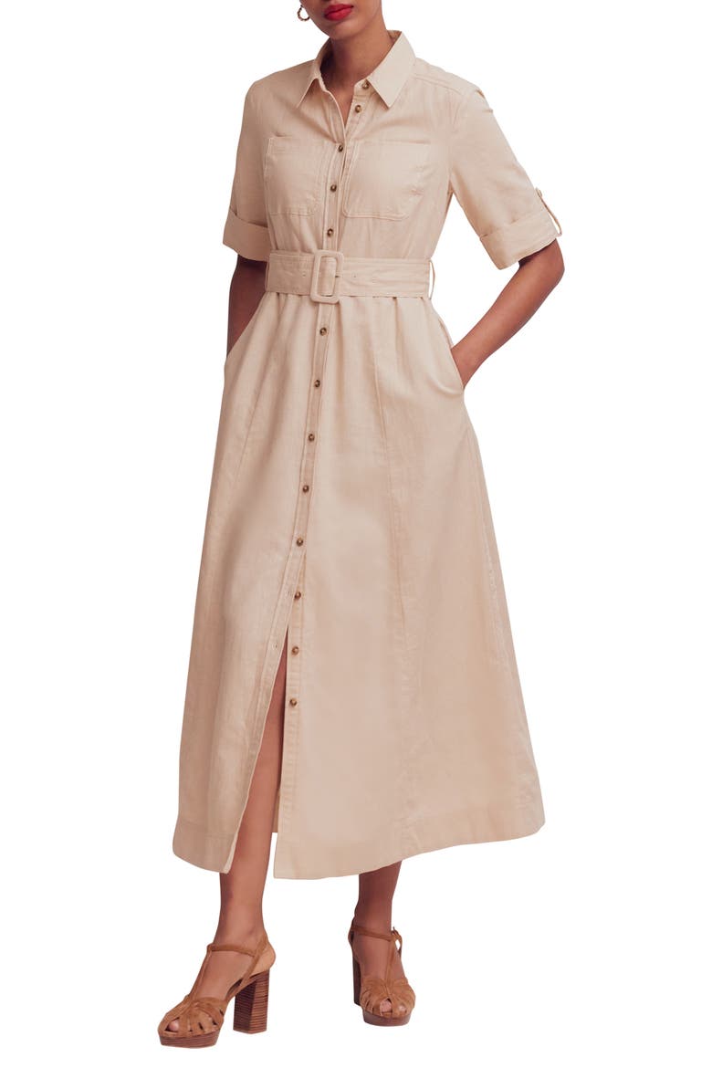 linen blend button down dress Linen-Blend Button-Front Above-Knee Dress