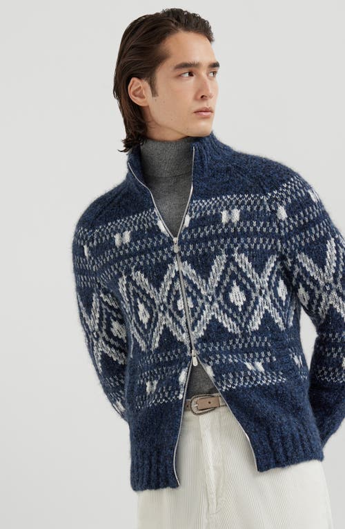 Brunello Cucinelli Geometric Jacquard Cardigan In Wool And Cashmere In Blue