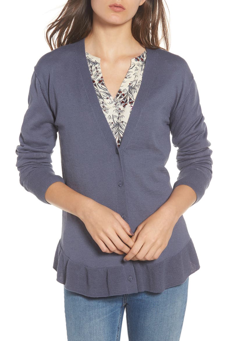 Ruffle Hem Cardigan, Main, color, GREY GRISAILLE