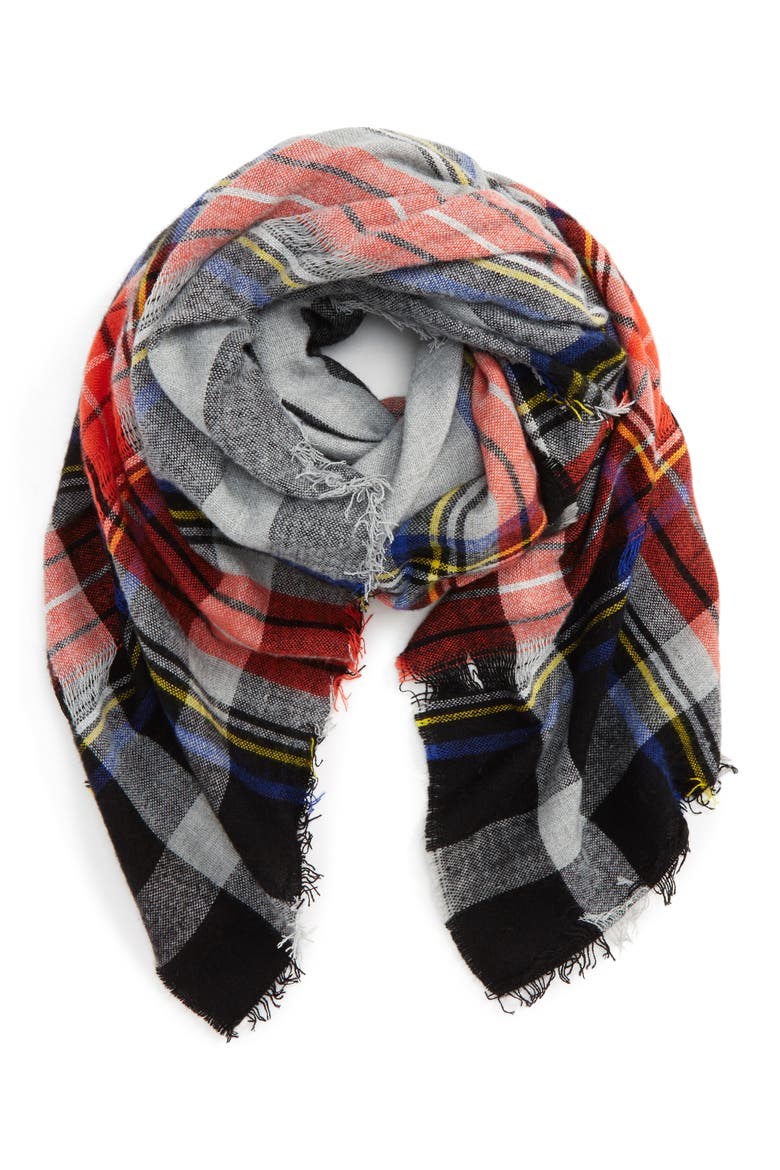 La Double 7 Contrast Plaid Square Scarf, Main, color, GREY MULTI