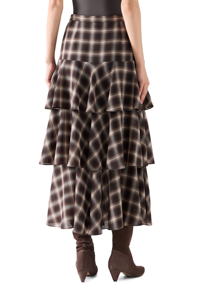 Plaid Ruffle Tier Midi Skirt, Alternate, color, ESPRESSO-CASHEW