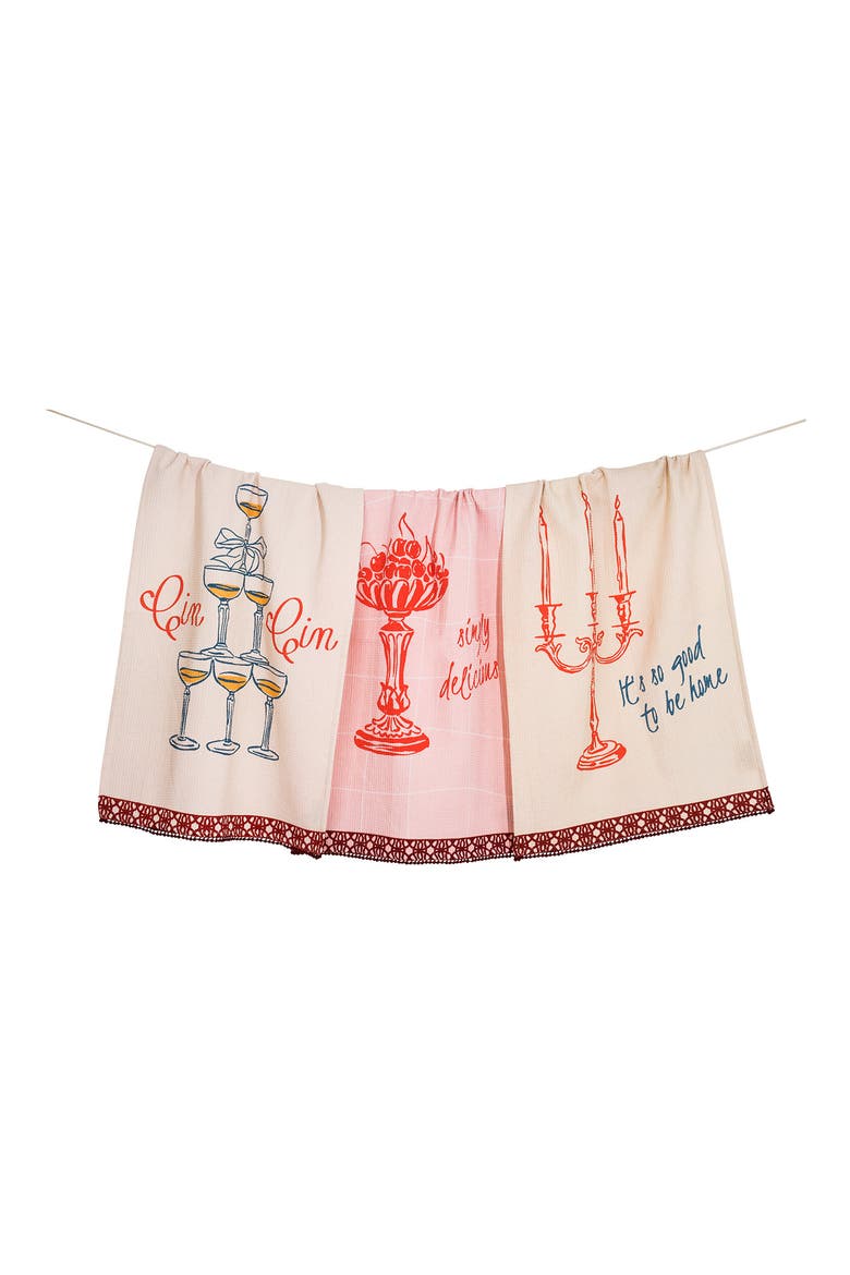 Set of Three Vintage Celebration Kitchen Towels, Main, color, CREAM/ CORAL RED/ DUSTY ROSE