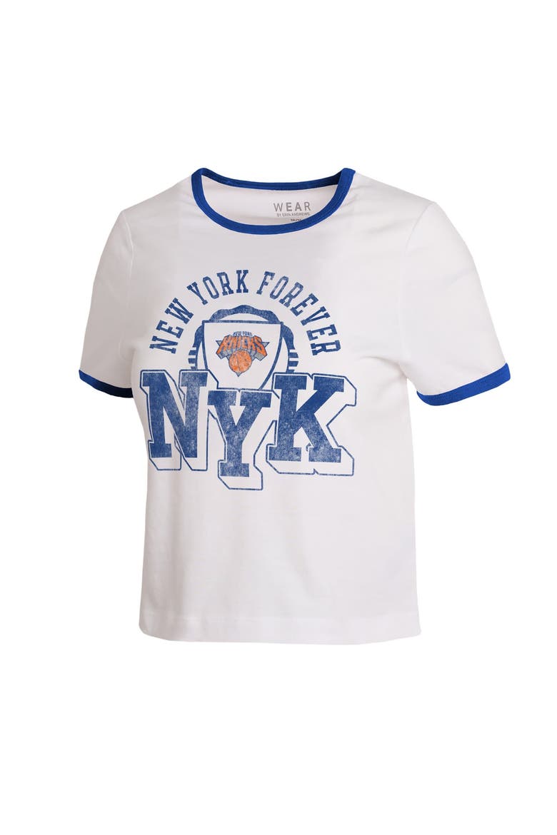 Women's WEAR by Erin Andrews  White New York Knicks Cropped Ringer Baby T-Shirt, Alternate, color, White