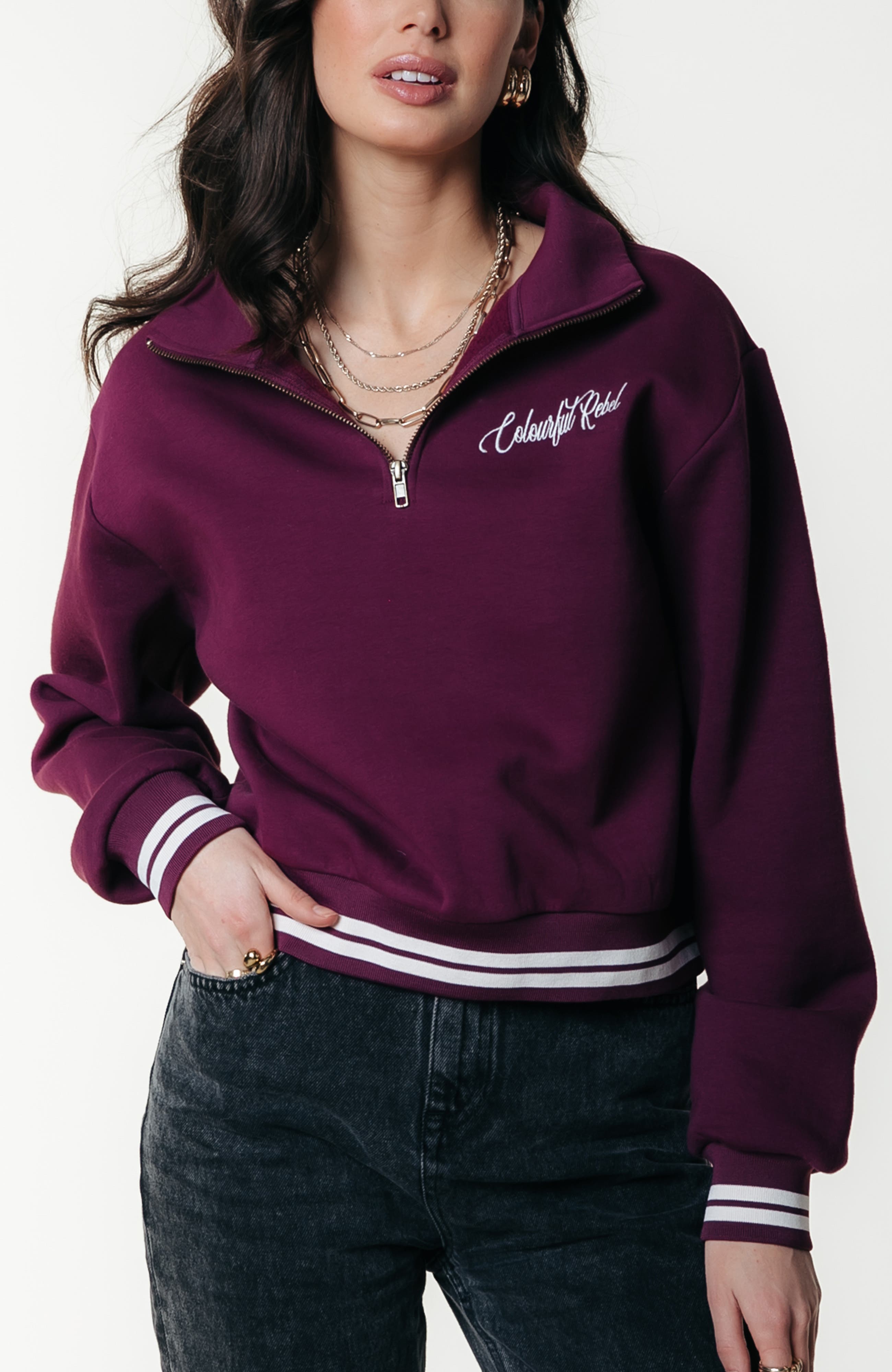 Colourful Rebel Uni Striped Cuff Zip Sweat In Burgundy