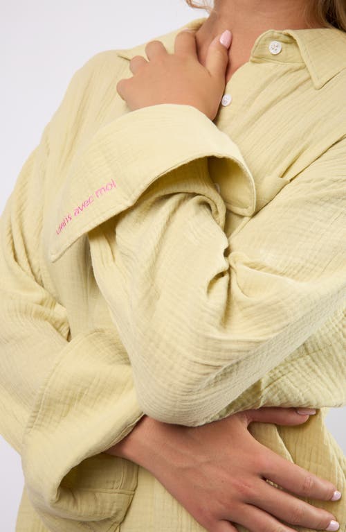 Viens Avec Moi Resort Crinkle Cotton Button-up Shirt In Yellow