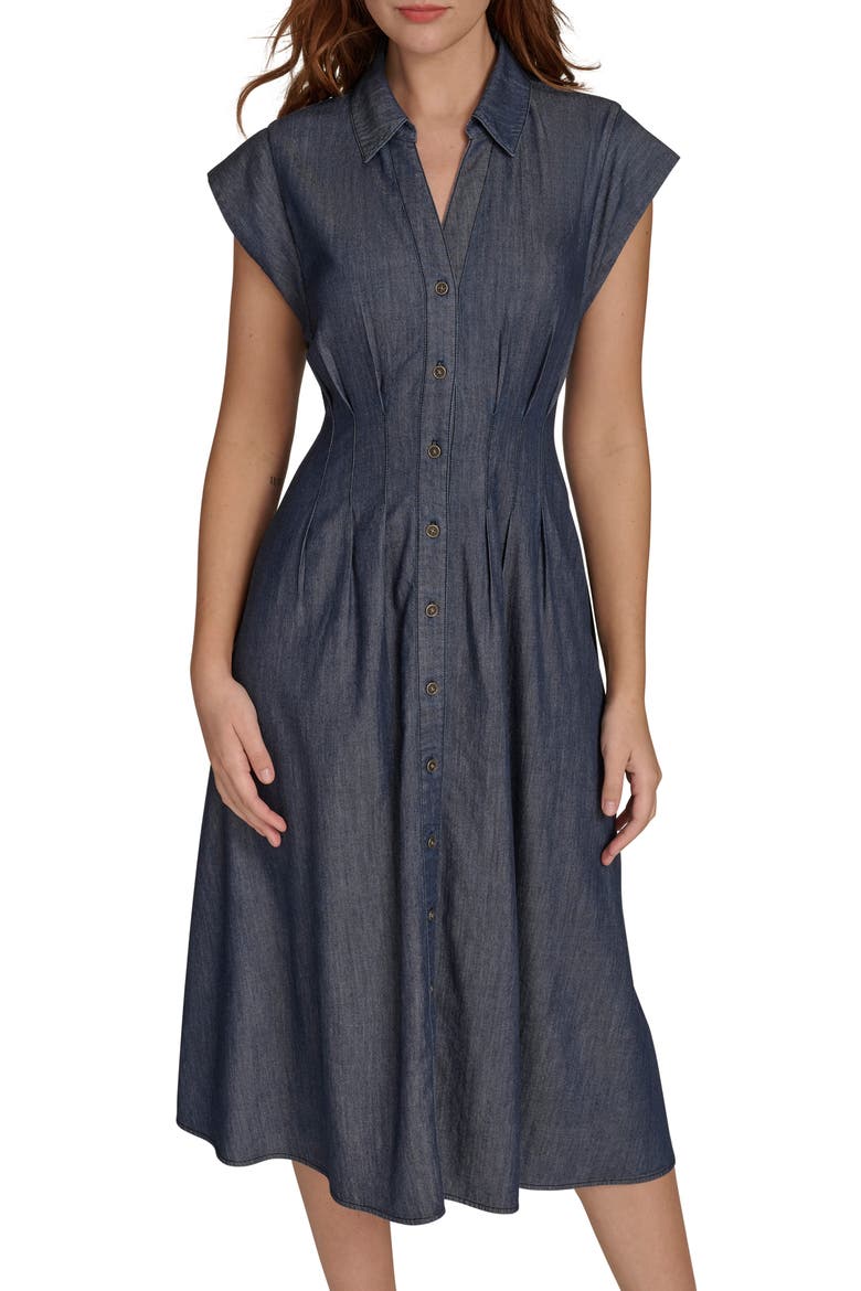 Cap Sleeve Fit-and-Flare Midi Dress, Alternate, color, DARK WASH