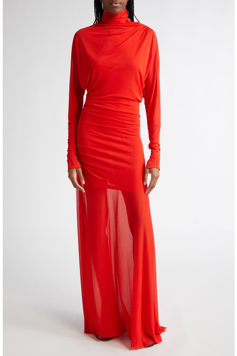 Paula Sheer Long Sleeve Maxi Dress, Main, color, RED