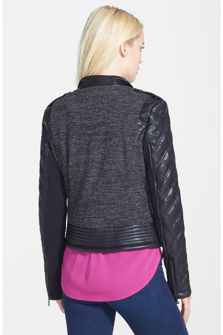 Knit & Faux Leather Hooded Moto Jacket, Alternate, color, BLACK