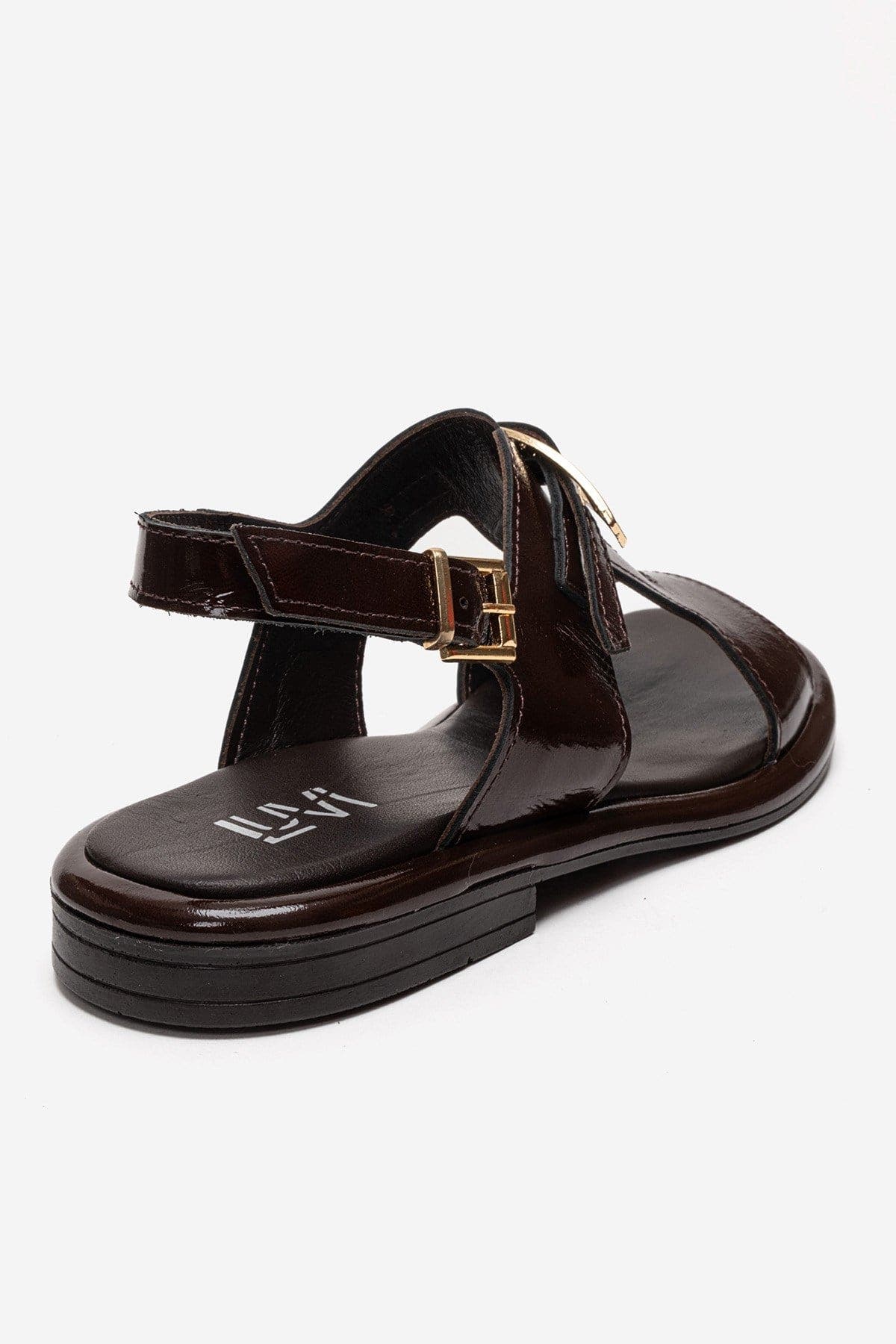 Auren Leather Buckle Sandal, Alternate, color, Brown Patent