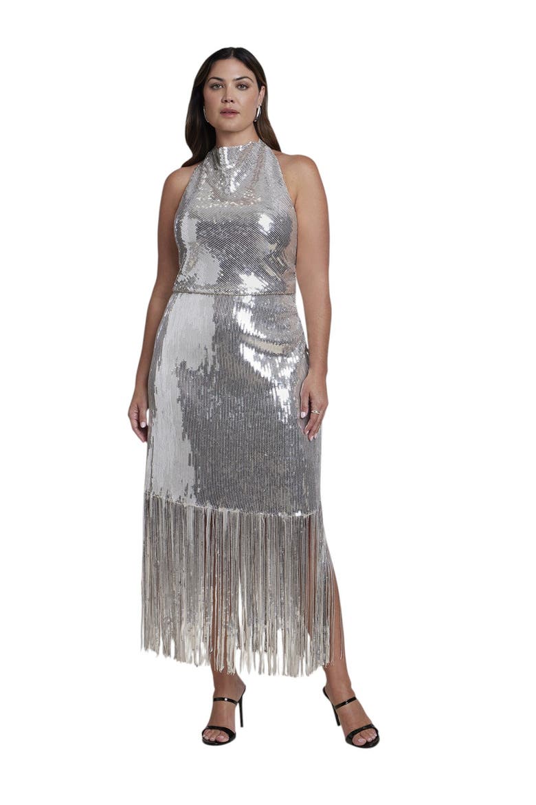 Fringe Detail Sequin Maxi Dress (plus), Main, color, SILVER