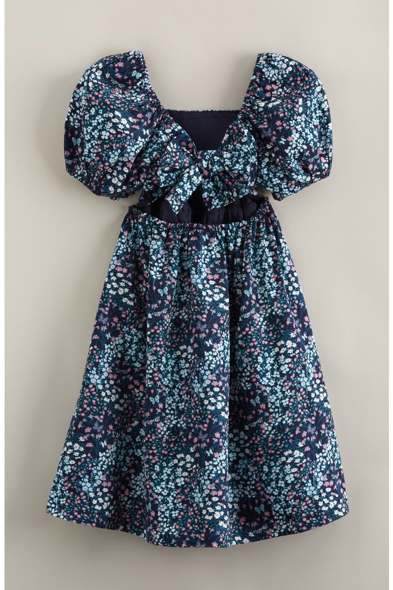 Kids' Puff Sleeve Bow Back Cotton Dress, Alternate, color, NAVY- TEAL VINTAGE GARDEN