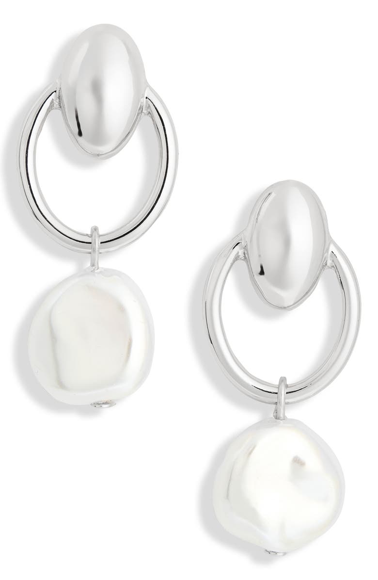 NORDSTROM RACK Faux Pearl Hoop Earrings, Main, color, White- Silver