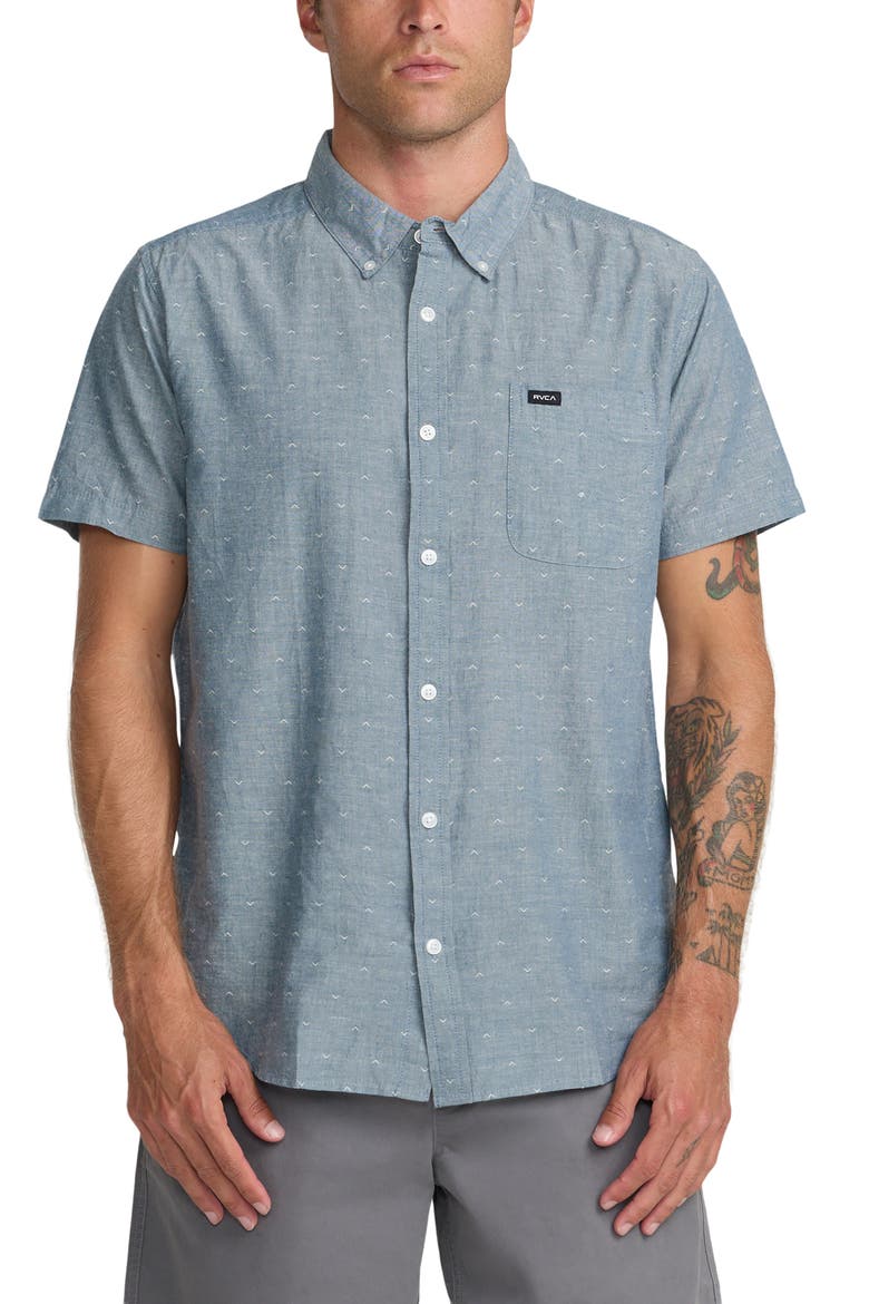 That'll Do Slim Fit Solid Short Sleeve Cotton Button-Down Shirt, Main, color, VINTAGE NAVY