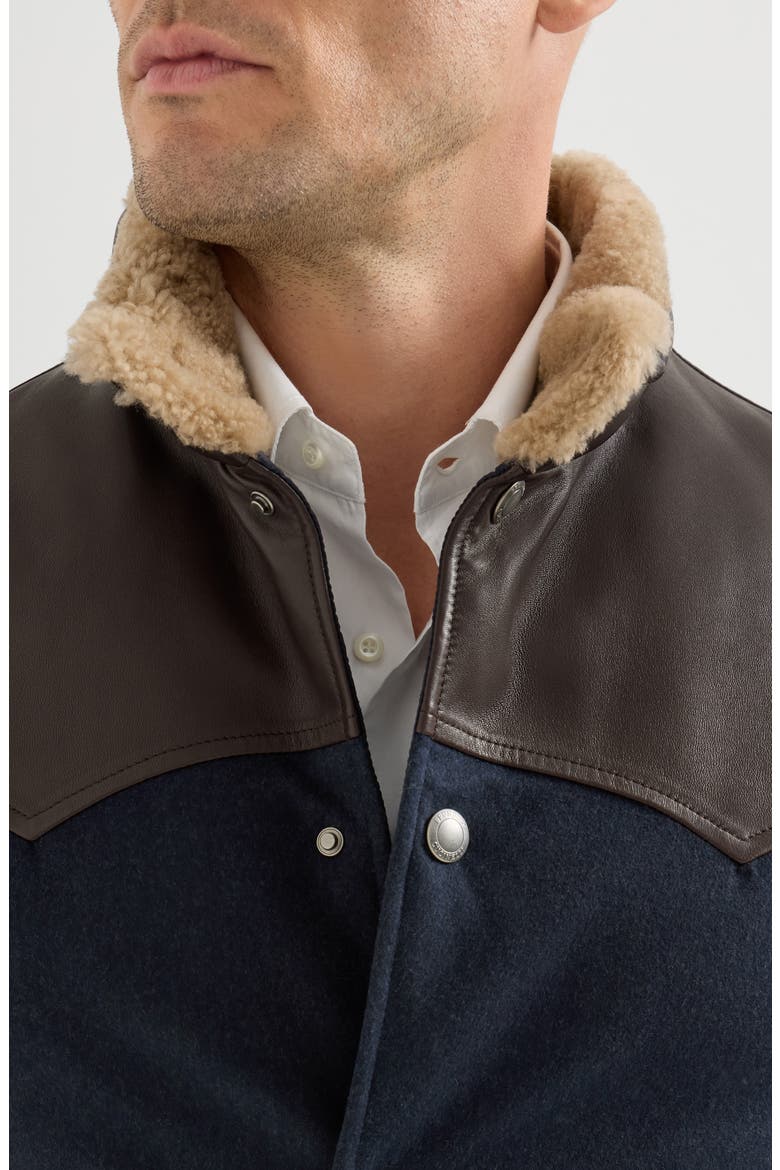 Bonded wool flannel paneled down vest with shearling collar and nappa leather inserts, Alternate, color, Blue