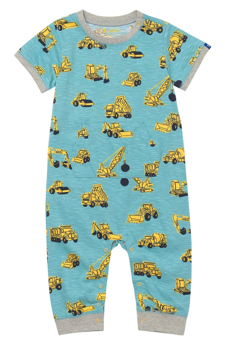 Hatley Under Construction Cotton Jersey Romper, Main, color, Milky Blue