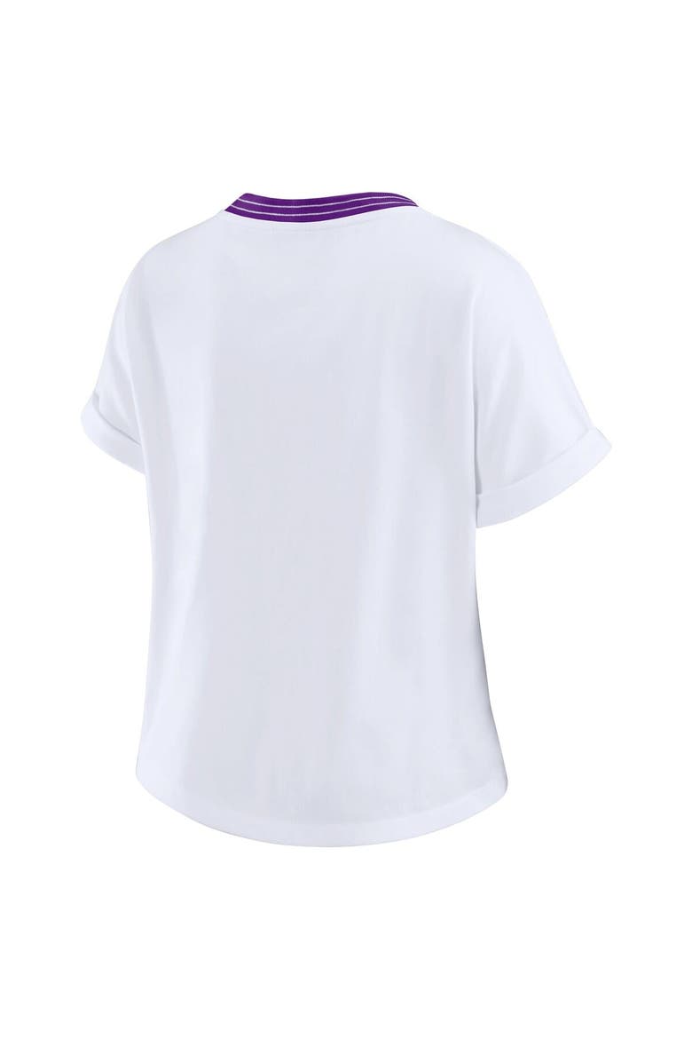 Women's WEAR by Erin Andrews White Minnesota Vikings Cropped Center Stripe Dolman T-Shirt, Alternate, color, White
