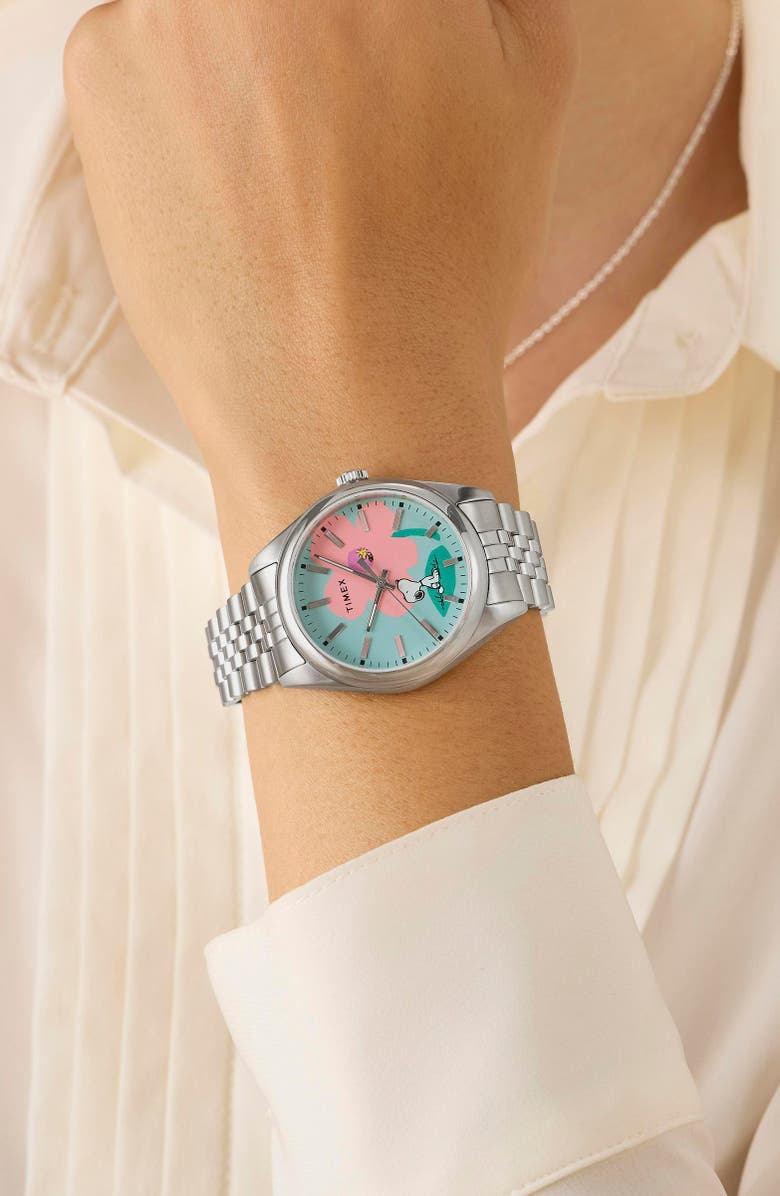 Timex<sup>®</sup> Peanuts<sup>®</sup> x Timex Legacy Snoopy with Flower Dial 36mm Stainless Steel Bracelet Watch, Alternate, color, Silver-Tone