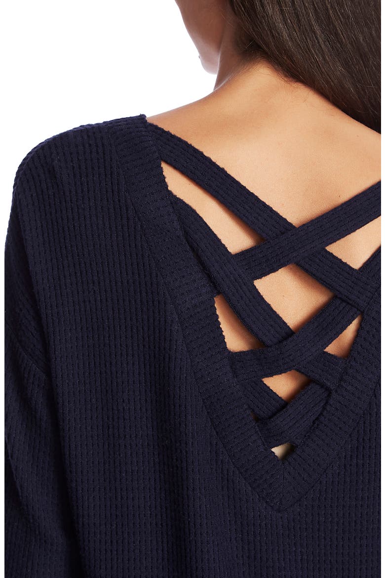 Lattice V-Back Waffle Weave Sweater, Alternate, color, BLUE NIGHT
