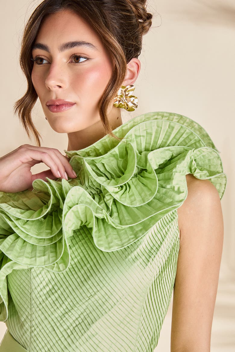One Shoulder Pleated Skirt Maxi Dress, Alternate, color, Green