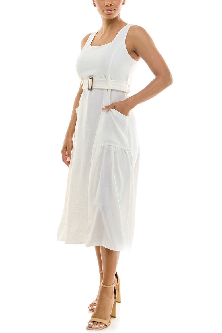 Square Neck Sleeveless Belted Midi Dress, Alternate, color, IVORY