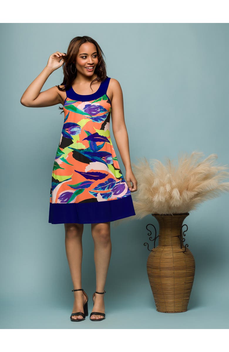 24seven Comfort Apparel Multicolor Scoop Neck Sleeveless Knee Length Dress, Alternate, color, Coral Multi