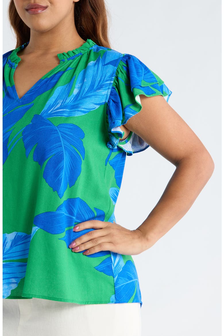 Risette Flutter Sleeve Split Neck Top, Alternate, color, GREEN-BLUE