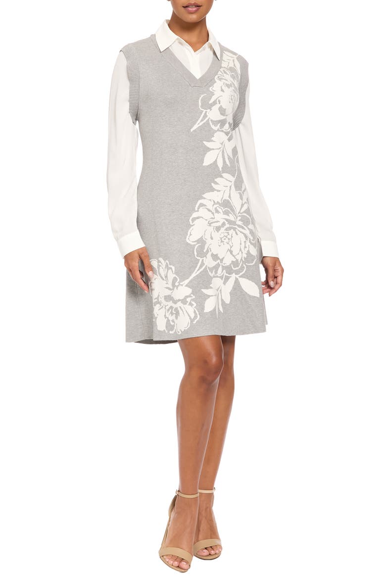 Long Sleeve Fit & Flare Sweater Dress, Main, color, HEATHER GREY/ IVORY