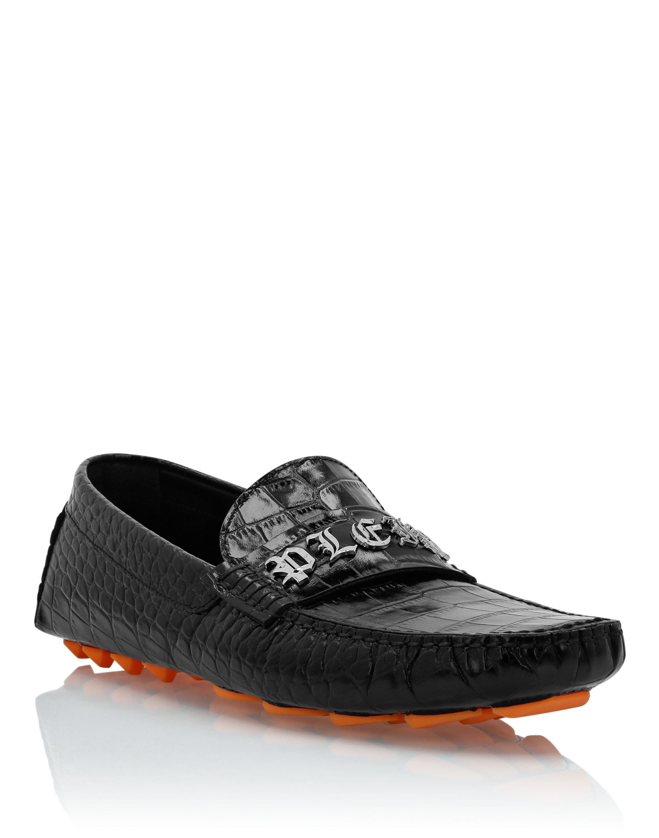 Printed Crocco Leather Drivers Shoes Men, Main, color, black