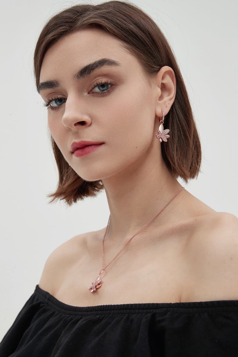 Pavé Butterfly Dangle Drop Hoop Earrings, Alternate, color, Rose Gold/Pink