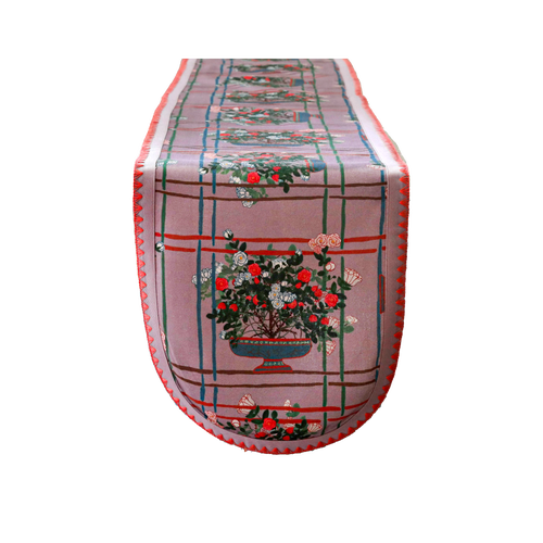 Sophie Williamson Design Pink Large Table Runner In Dusty Lilac With Romantic Roses And Bold Lines In Pink