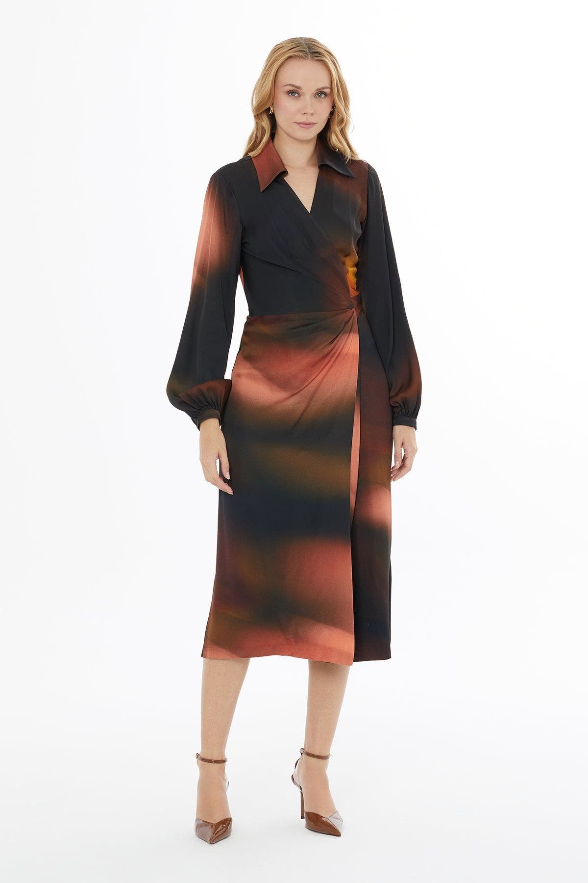 V-Neck Wrap Buttoned Long Sleeve Midi Dress