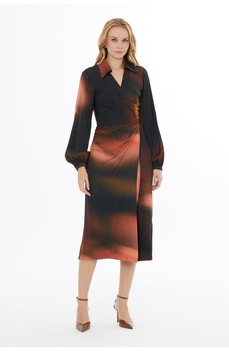 Gizia V-Neck Wrap Buttoned Long Sleeve Midi Dress, Main, color, Brown