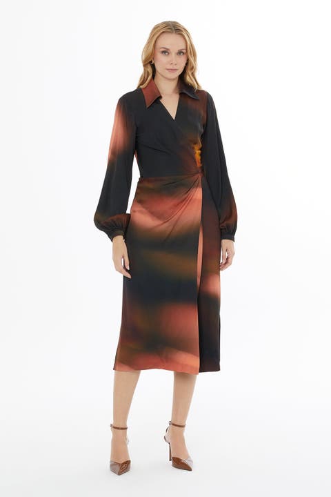 V-Neck Wrap Buttoned Long Sleeve Midi Dress